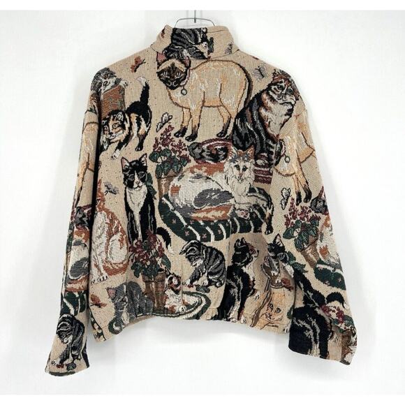 VTG Cat Kitten Tapestry Zipper Bomber Jacket Tan OSFA - Picture 2 of 5